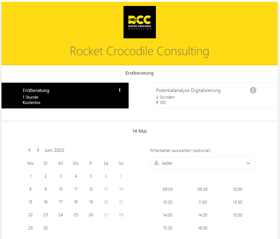 Buchungsplattform von Rocket Crocodile Consulting